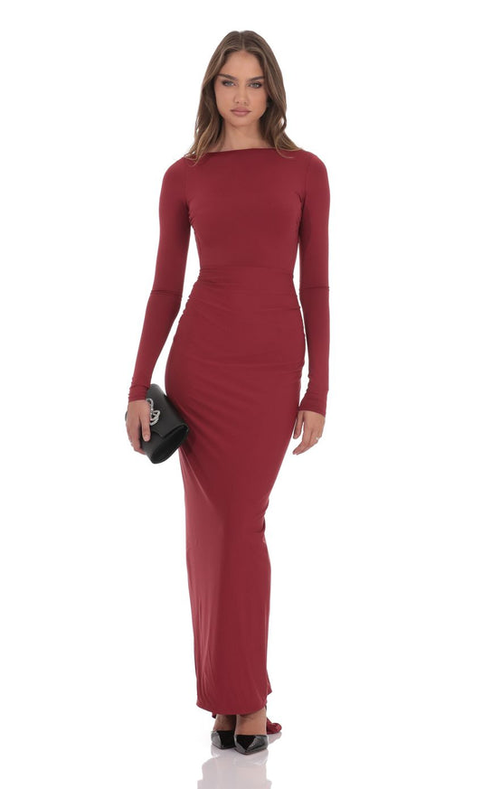 Sleek Bodycon Boat-Neck Long-Sleeve Deep-Open-Back Burgundy Jersey Floor-Length Prom Dresses