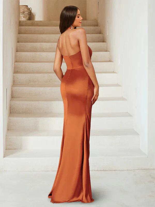 Sleek Mermaid Halter-Neck Open-Back Ruched Terracotta Satin Floor-Length Prom Dresses
