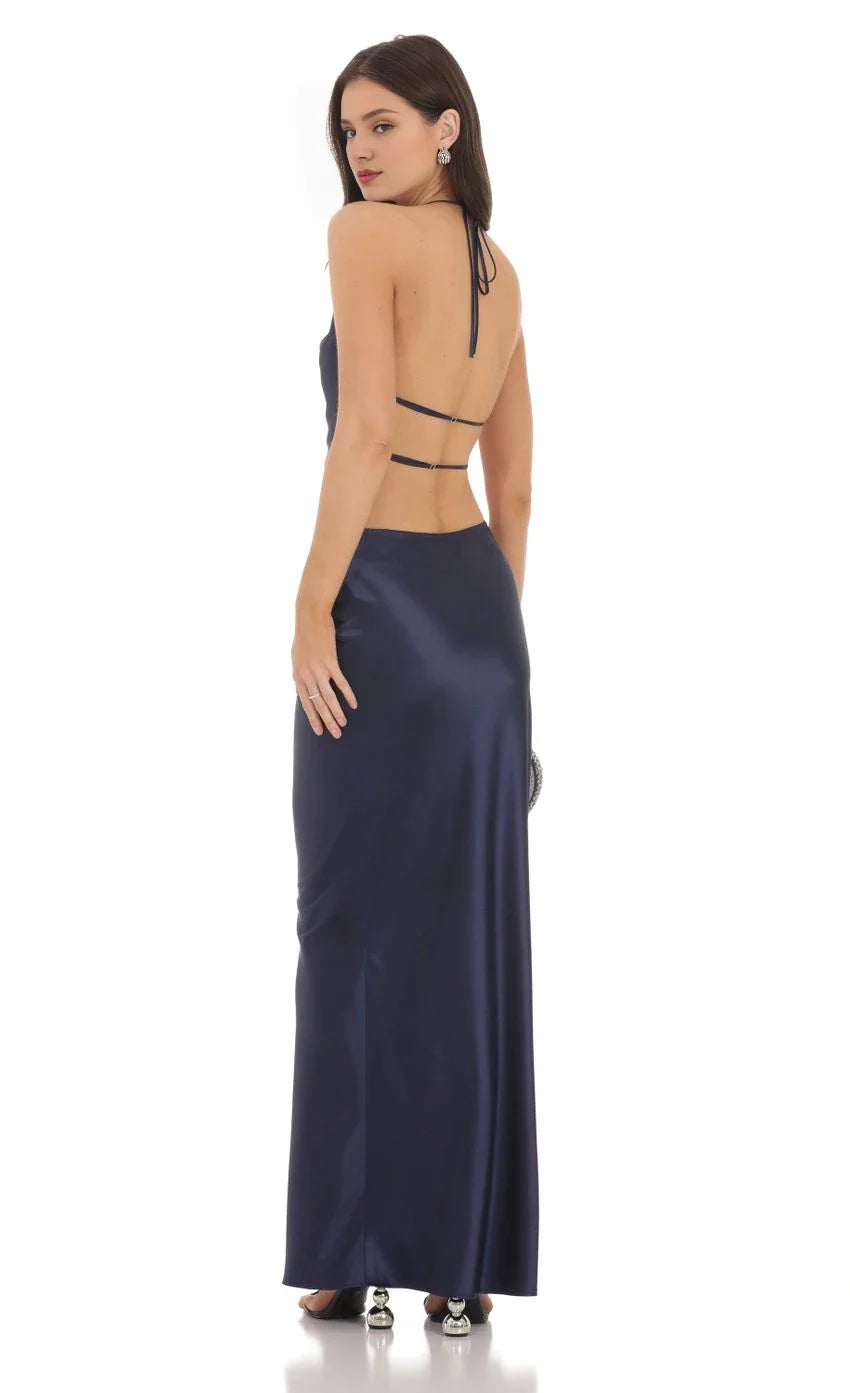 Sleek Sheath Halter-Neck Satin Cut-Out-Back Floor-Length Prom Dresses