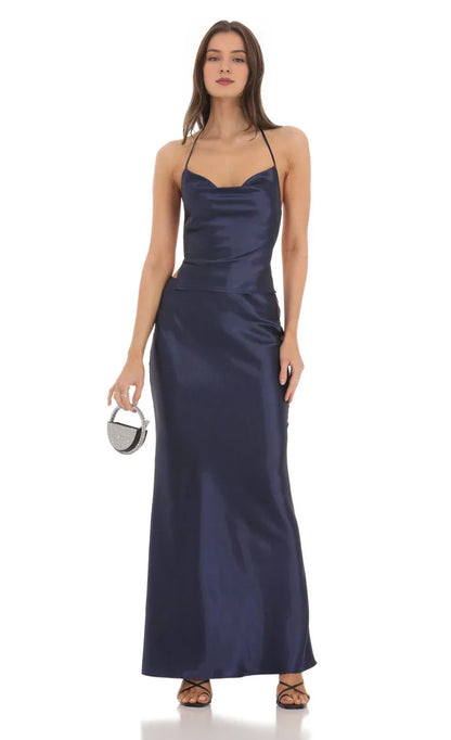 Sleek Sheath Halter-Neck Satin Cut-Out-Back Floor-Length Prom Dresses