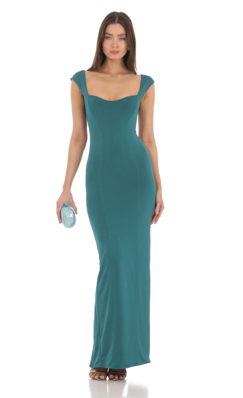 Sleek Sheath Square-Neck Cap-Sleeve Open-Back Teal Stretch-Fabric Floor-Length Prom Dresses