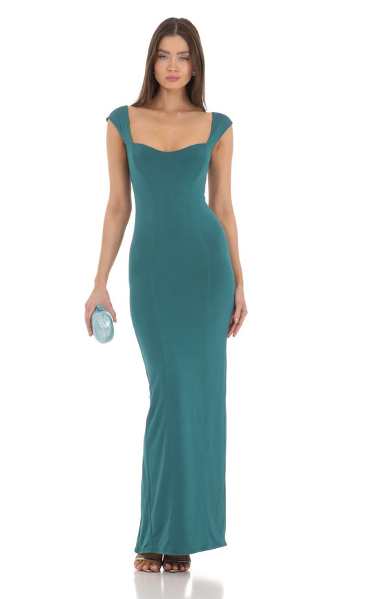 Sleek Sheath Square-Neck Cap-Sleeve Open-Back Teal Stretch-Fabric Floor-Length Prom Dresses
