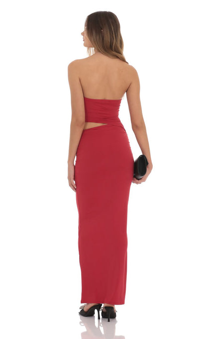 Sleek Sheath Strapless Sleeveless Cut-Out-Back Crimson Stretch-Fabric Floor-Length Prom Dresses
