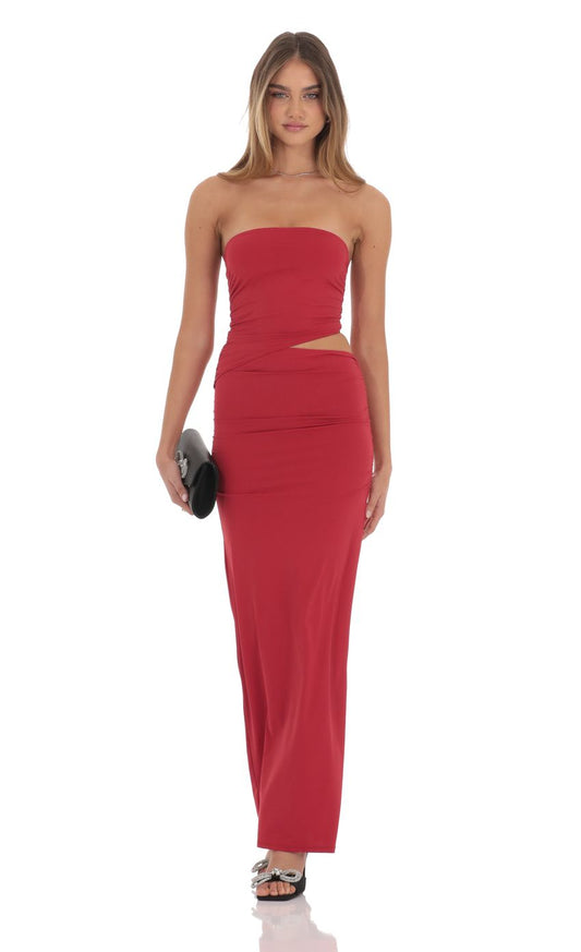 Sleek Sheath Strapless Sleeveless Cut-Out-Back Crimson Stretch-Fabric Floor-Length Prom Dresses