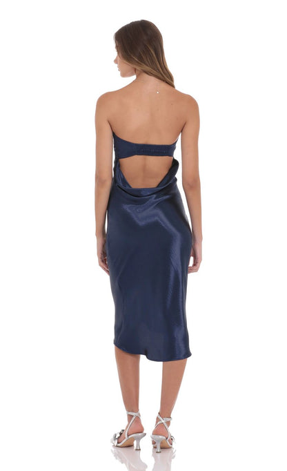 Sleek Sheath Strapless Sleeveless Cut-Out-Back Navy Satin Midi-Length Prom Dresses