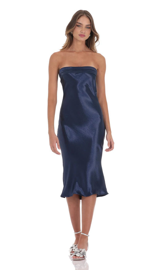Sleek Sheath Strapless Sleeveless Cut-Out-Back Navy Satin Midi-Length Prom Dresses