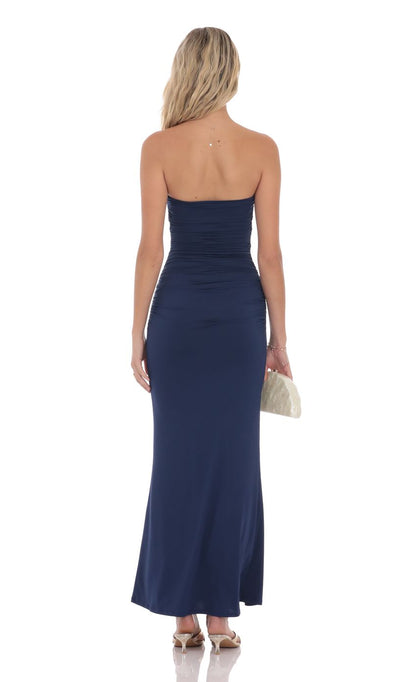Sleek Sheath Strapless Sleeveless Open-Back Navy Blue Ruched-Accent Floor-Length Prom Dresses