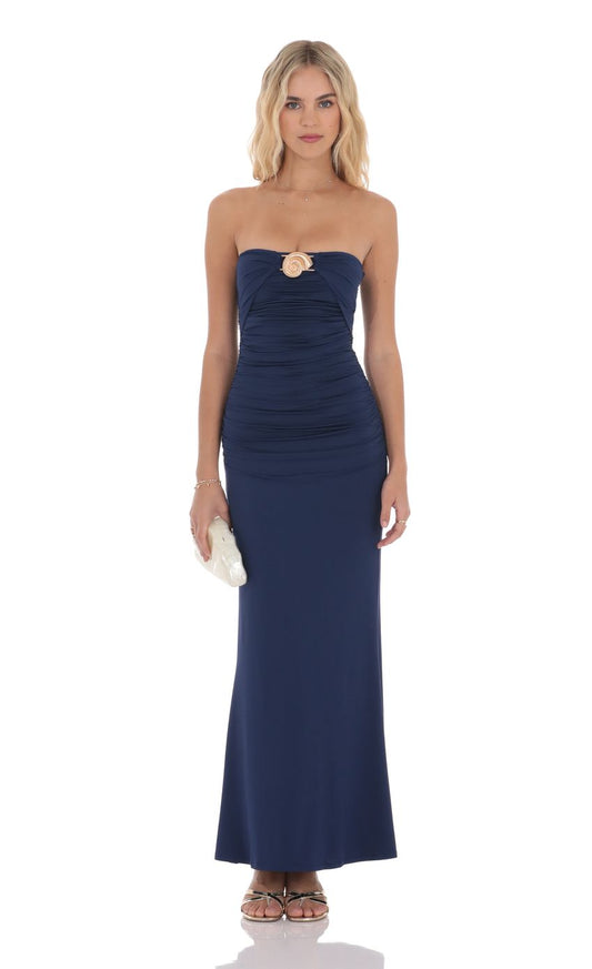 Sleek Sheath Strapless Sleeveless Open-Back Navy Blue Ruched-Accent Floor-Length Prom Dresses