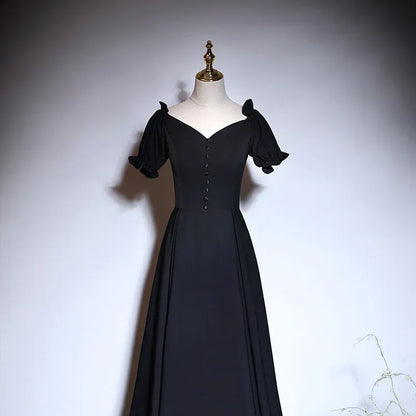 Sleek Chiffon Long Evening Dress Black Off-Shoulder Puff Sleeve for Women
