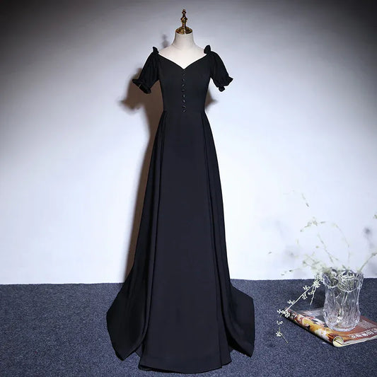 Sleek Chiffon Long Evening Dress Black Off-Shoulder Puff Sleeve for Women