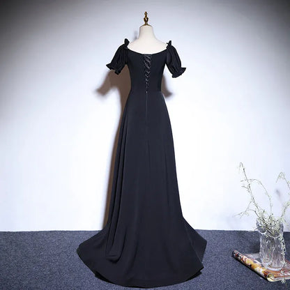 Sleek Chiffon Long Evening Dress Black Off-Shoulder Puff Sleeve for Women