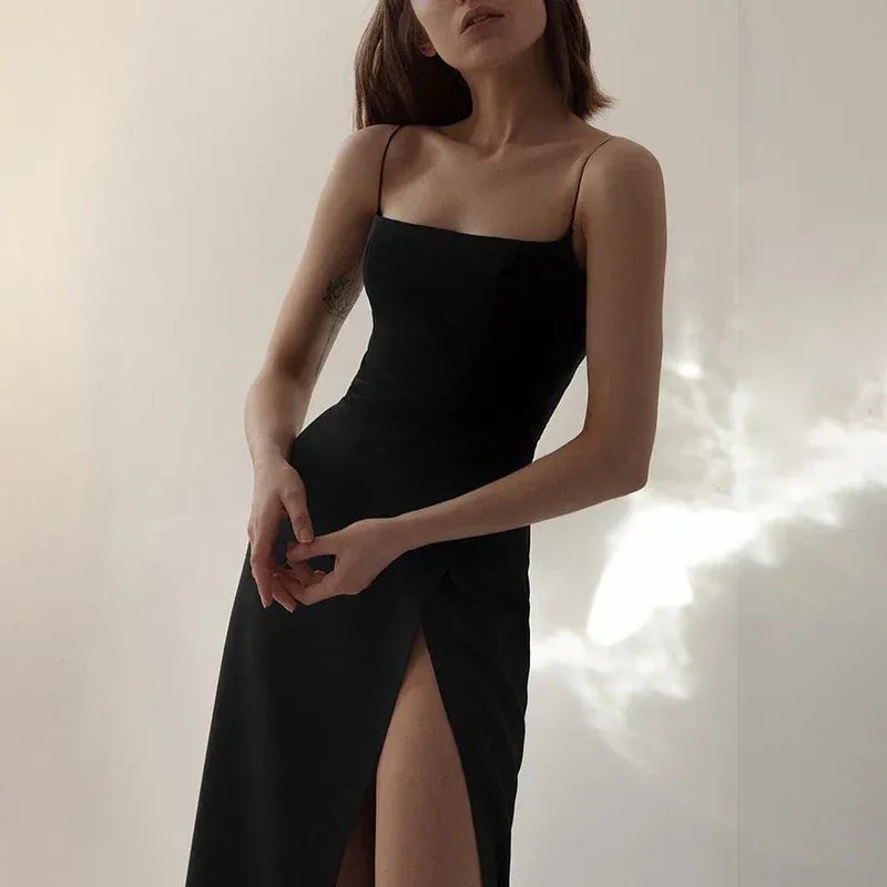 Sleek Crepe Maxi Evening Dress Black Square Neck Sleeveless for Women