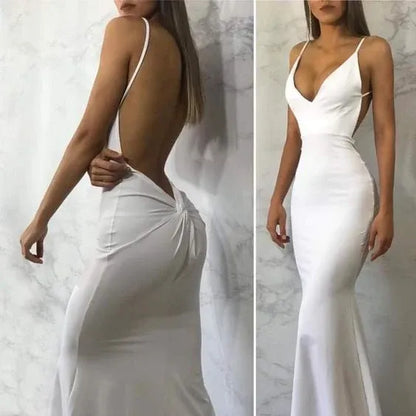 Sleek Crepe Maxi Evening Dress White Deep V Sleeveless for Women