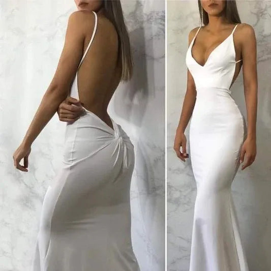 Sleek Crepe Maxi Evening Dress White Deep V Sleeveless for Women