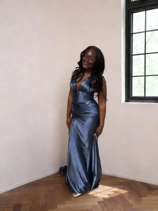 Sleek Dusty Blue Mermaid Halter Satin Corset Maxi Party Dress