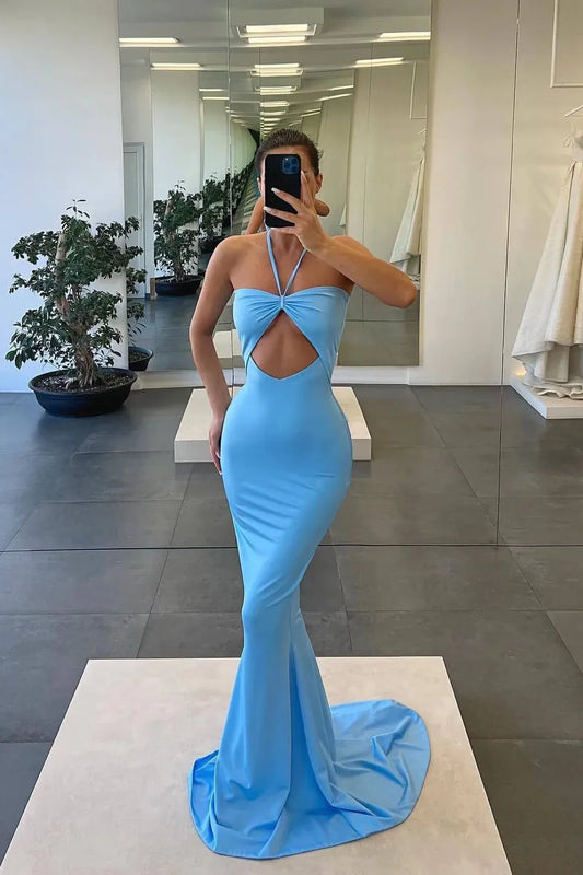 Sleek Jersey Long Evening Dress Sky Blue Halter Neck Cutout for Women