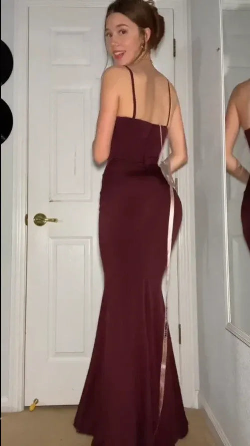 Sleek Jersey Maxi Evening Dress Burgundy Square Neck Sleeveless for Women