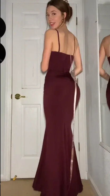 Sleek Jersey Maxi Evening Dress Burgundy Square Neck Sleeveless for Women