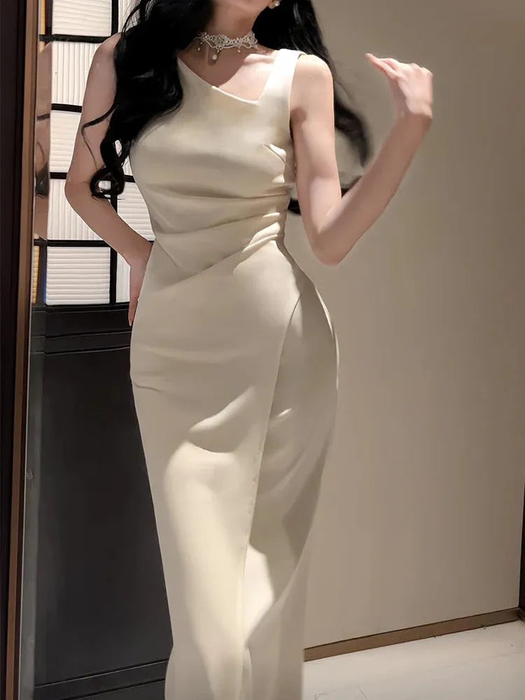 Sleek Mermaid Asymmetrical-Neck Sleeveless Ruched Ivory Long Prom Dress for Women Ready to Ship