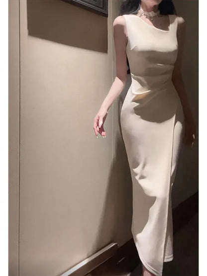 Sleek Mermaid Asymmetrical-Neck Sleeveless Ruched Ivory Long Prom Dress for Women Ready to Ship