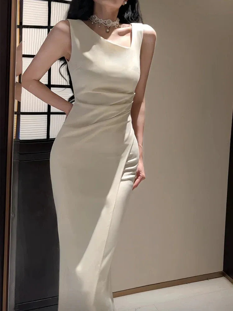 Sleek Mermaid Asymmetrical-Neck Sleeveless Ruched Ivory Long Prom Dress for Women Ready to Ship