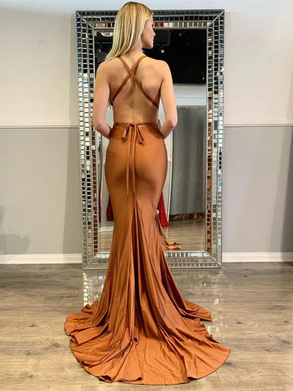 Sleek Mermaid Deep V Sleeveless Cutout Burnt Orange Prom Dress