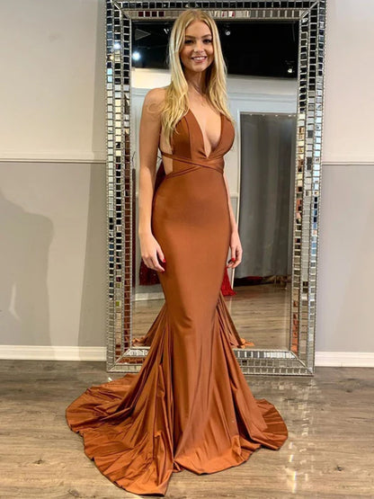 Sleek Mermaid Deep V Sleeveless Cutout Burnt Orange Prom Dress