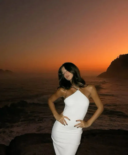 Sleek Mermaid Halter-Neck Sleeveless Open-Back Satin White Floor-Length Evening Dress for Women