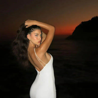 Sleek Mermaid Halter-Neck Sleeveless Open-Back Satin White Floor-Length Evening Dress for Women