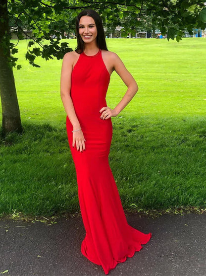 Sleek Mermaid Halter Sleeveless Beaded Red Floor-Length Prom Dress
