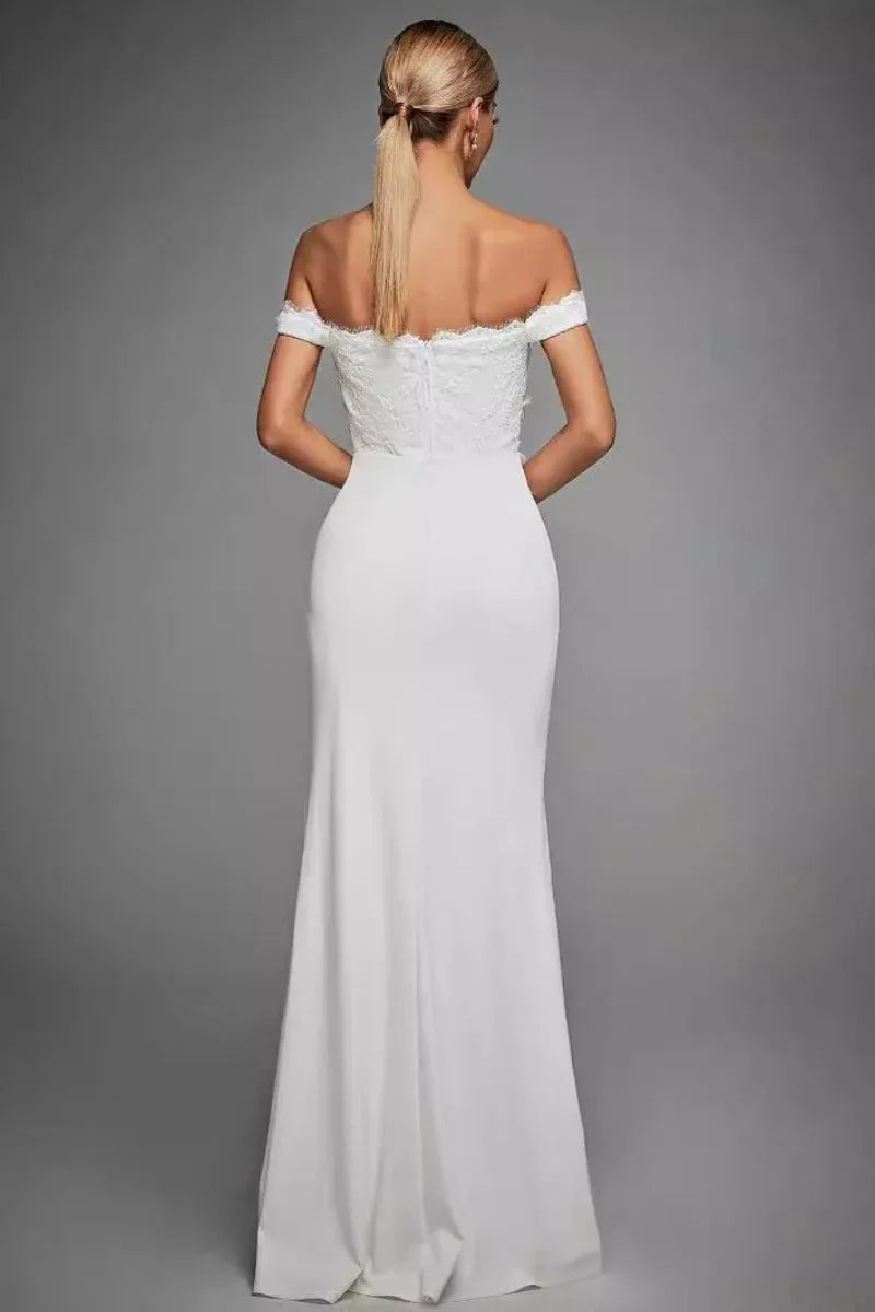 Elegant Mermaid Off-Shoulder Lace White Floor-Length Prom Dress with High Slit