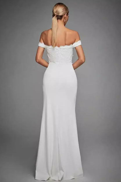 Elegant Mermaid Off-Shoulder Lace White Floor-Length Prom Dress with High Slit
