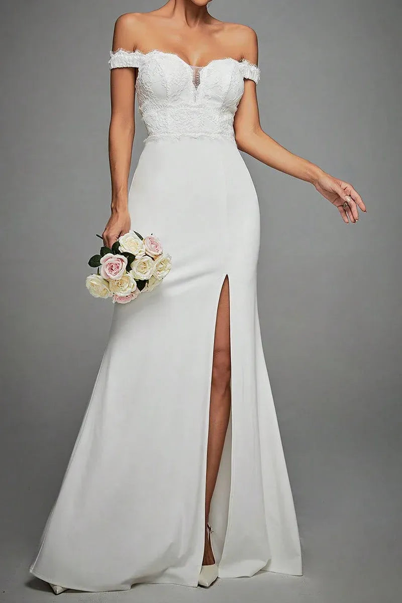 Elegant Mermaid Off-Shoulder Lace White Floor-Length Prom Dress with High Slit