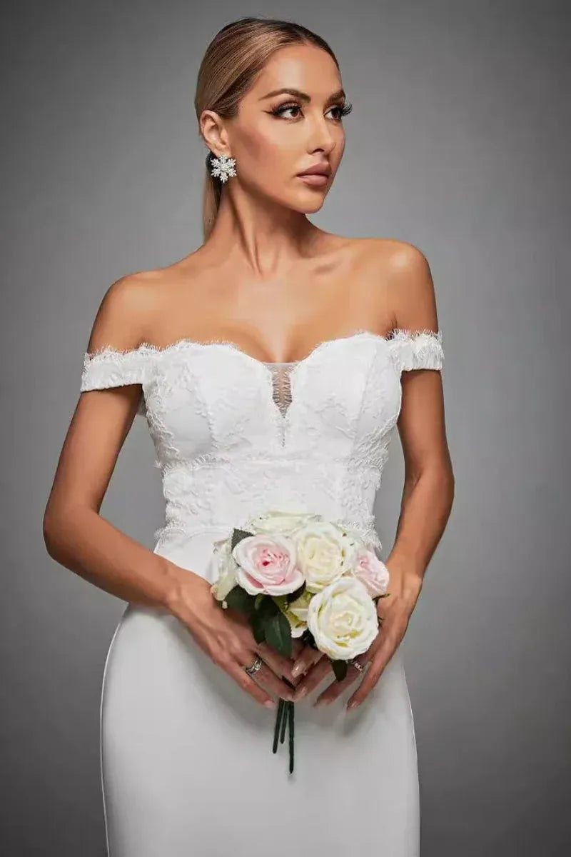 Elegant Mermaid Off-Shoulder Lace White Floor-Length Prom Dress with High Slit