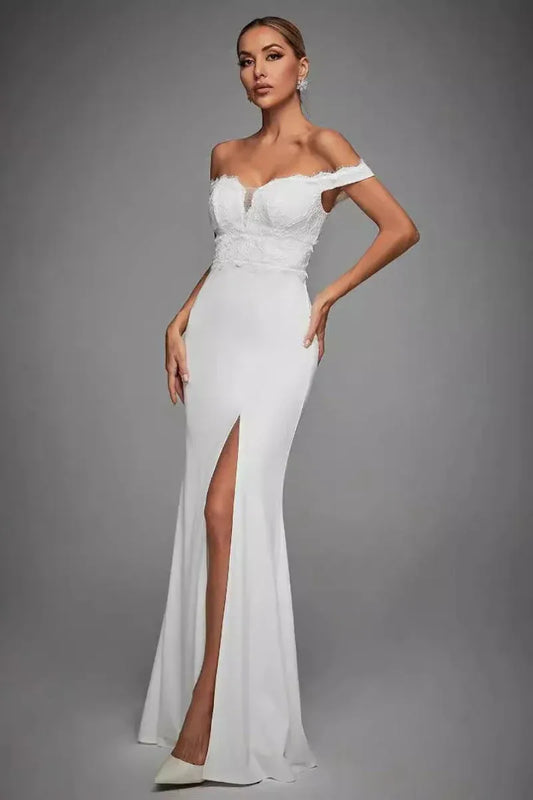 Sleek Mermaid Off-Shoulder Lace-Top White Floor-Length Prom Dress With High Slit