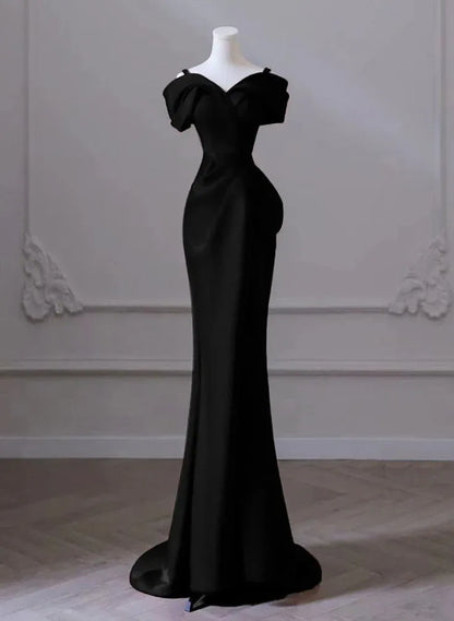 Sleek Mermaid Off-Shoulder Puff-Sleeve Satin Black Floor-Length Evening Dress for Women