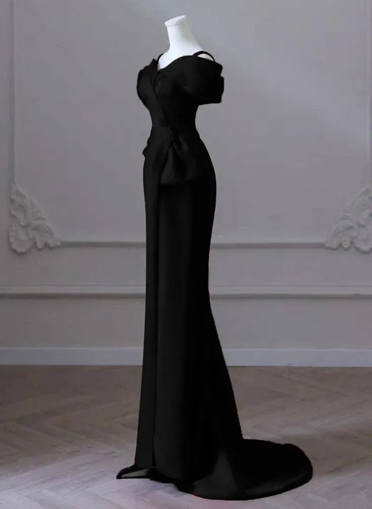 Sleek Mermaid Off-Shoulder Puff-Sleeve Satin Black Floor-Length Evening Dress for Women