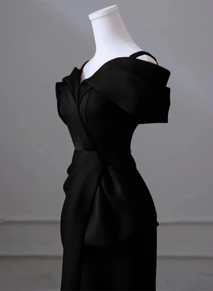 Sleek Mermaid Off-Shoulder Puff-Sleeve Satin Black Floor-Length Evening Dress for Women