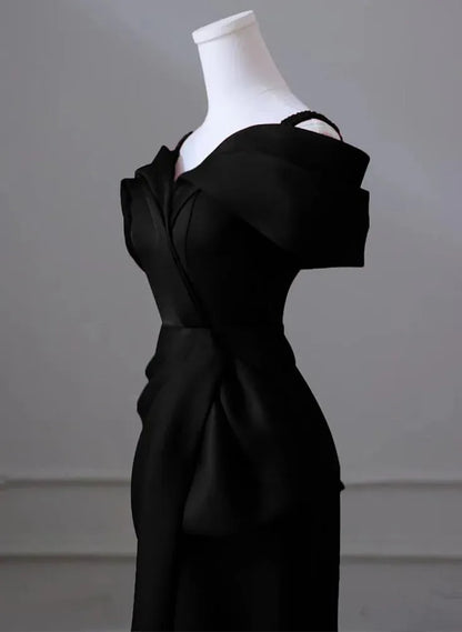 Sleek Mermaid Off-Shoulder Puff-Sleeve Satin Black Floor-Length Evening Dress for Women