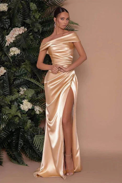 Sleek Mermaid Off-Shoulder Satin Floor-Length Evening Dress