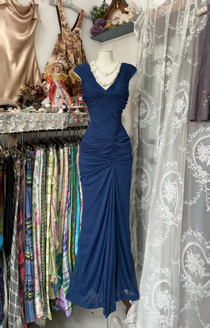 Sleek Mermaid V-Neck Sleeveless Ruched Chiffon Navy Blue Maxi Evening Dress