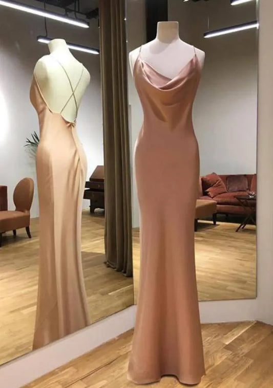 Sleek Satin Floor-Length Evening Dress Dusty Rose Cowl Spaghetti-Strap Women