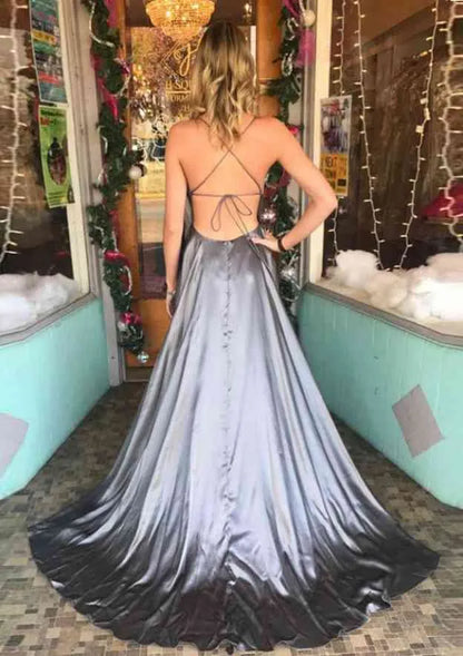 Sleek Satin Floor-Length Evening Dress Ombre Gray Square Spaghetti-Strap Women