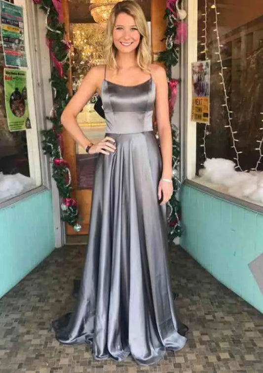 Sleek Satin Floor-Length Evening Dress Ombre Gray Square Spaghetti-Strap Women