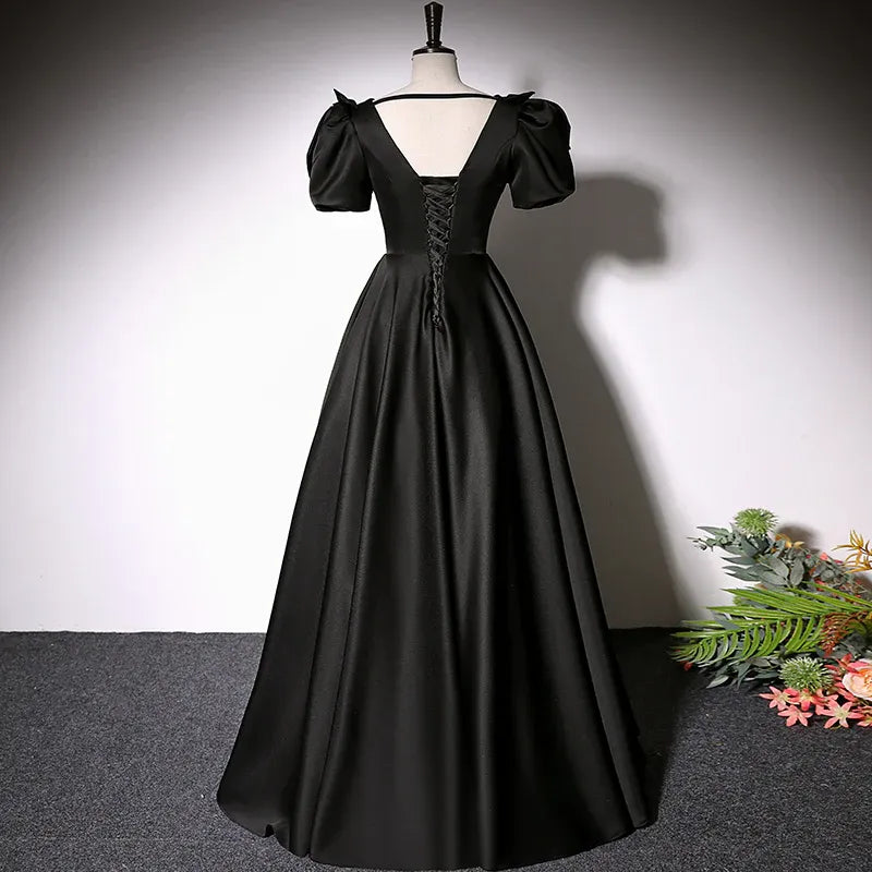 Sleek Satin Long Evening Dress Black Deep V-Neck Puff Sleeve for Women
