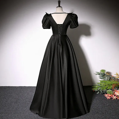 Sleek Satin Long Evening Dress Black Deep V-Neck Puff Sleeve for Women
