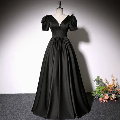 Sleek Satin Long Evening Dress Black Deep V-Neck Puff Sleeve for Women