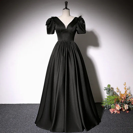 Sleek Satin Long Evening Dress Black Deep V-Neck Puff Sleeve for Women