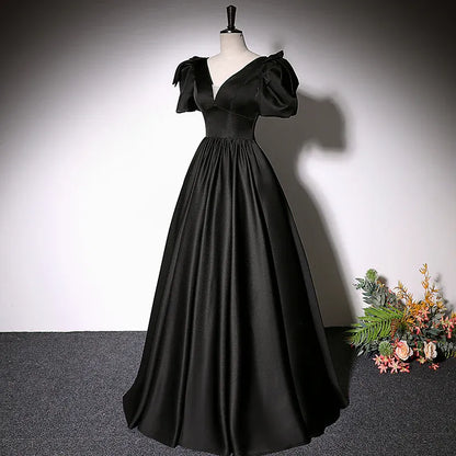 Sleek Satin Long Evening Dress Black Deep V-Neck Puff Sleeve for Women