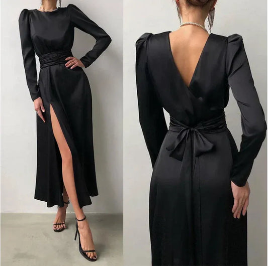 Sleek Satin Long Evening Dress Black Long-Sleeve Open-Back for Women